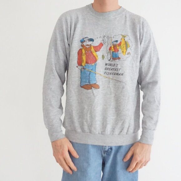 Fruit of the Loom Other - VTG Gray World's Greatest Fisherman Graphic Crewneck Sweatshirt Outdoorsy XL
